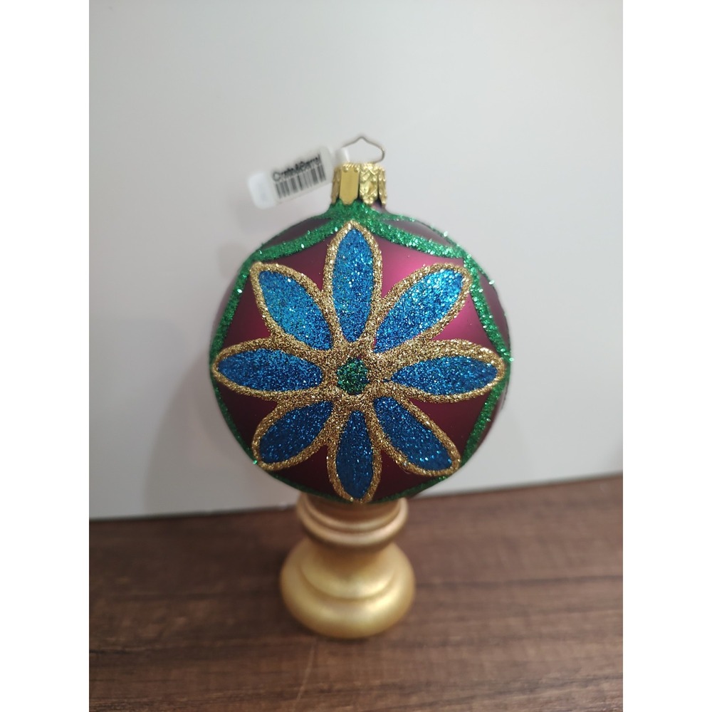 Crate&Barrel Blown Glass ORNAMENT magenta Flower Glitter Gold Blue Green Germany
